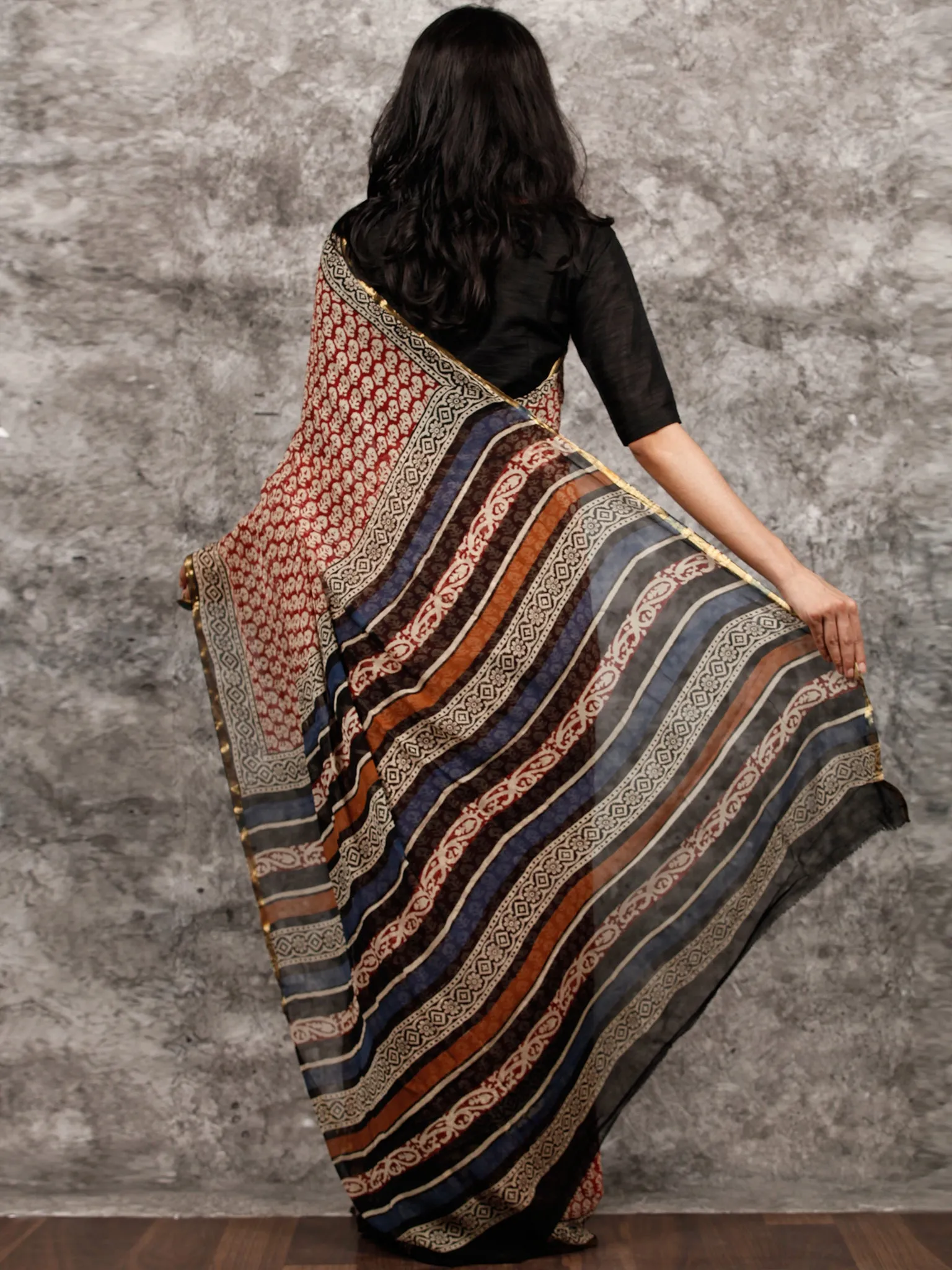 Rust Beige Black Hand Block Printed Chiffon Saree with Zari Border - S031703488