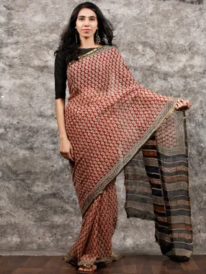 Rust Beige Black Hand Block Printed Chiffon Saree with Zari Border - S031703488