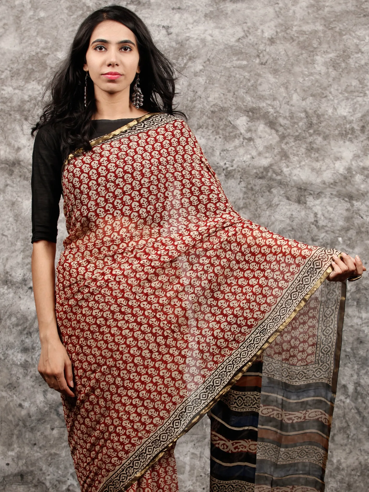 Rust Beige Black Hand Block Printed Chiffon Saree with Zari Border - S031703488