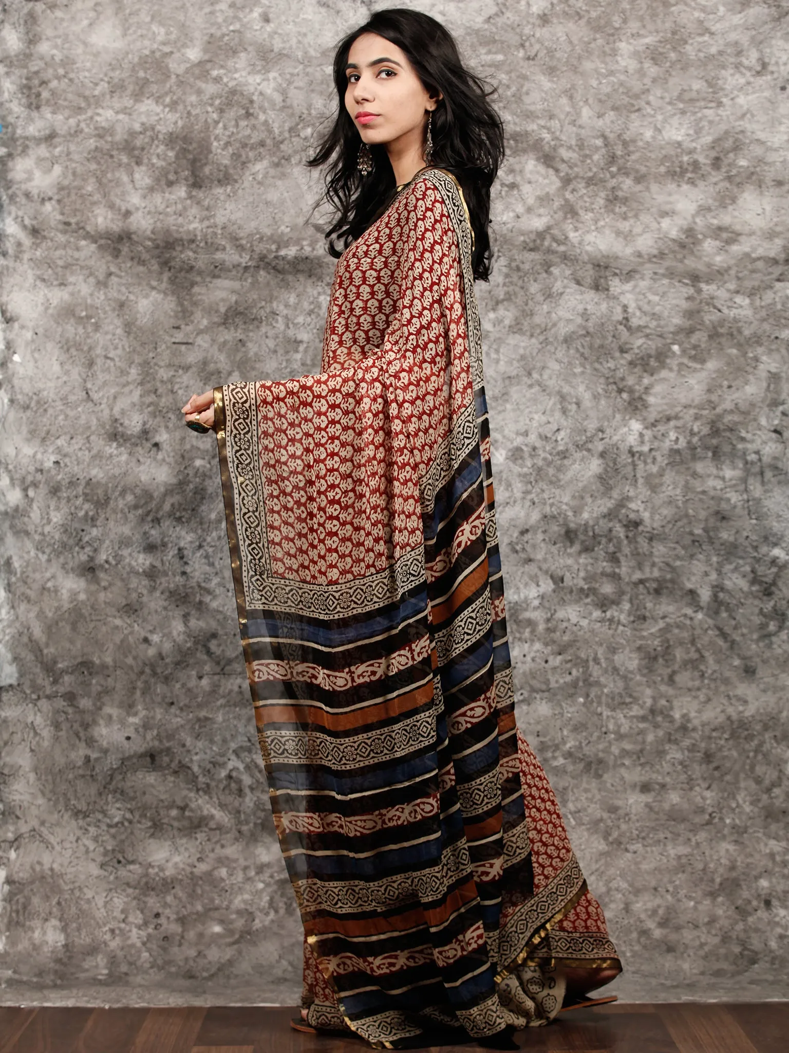 Rust Beige Black Hand Block Printed Chiffon Saree with Zari Border - S031703488