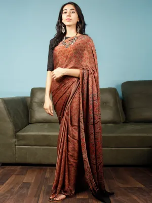 Rust Indigo Black Ajrakh Hand Block Printed Modal Silk Saree in Natural Colors - S031703367