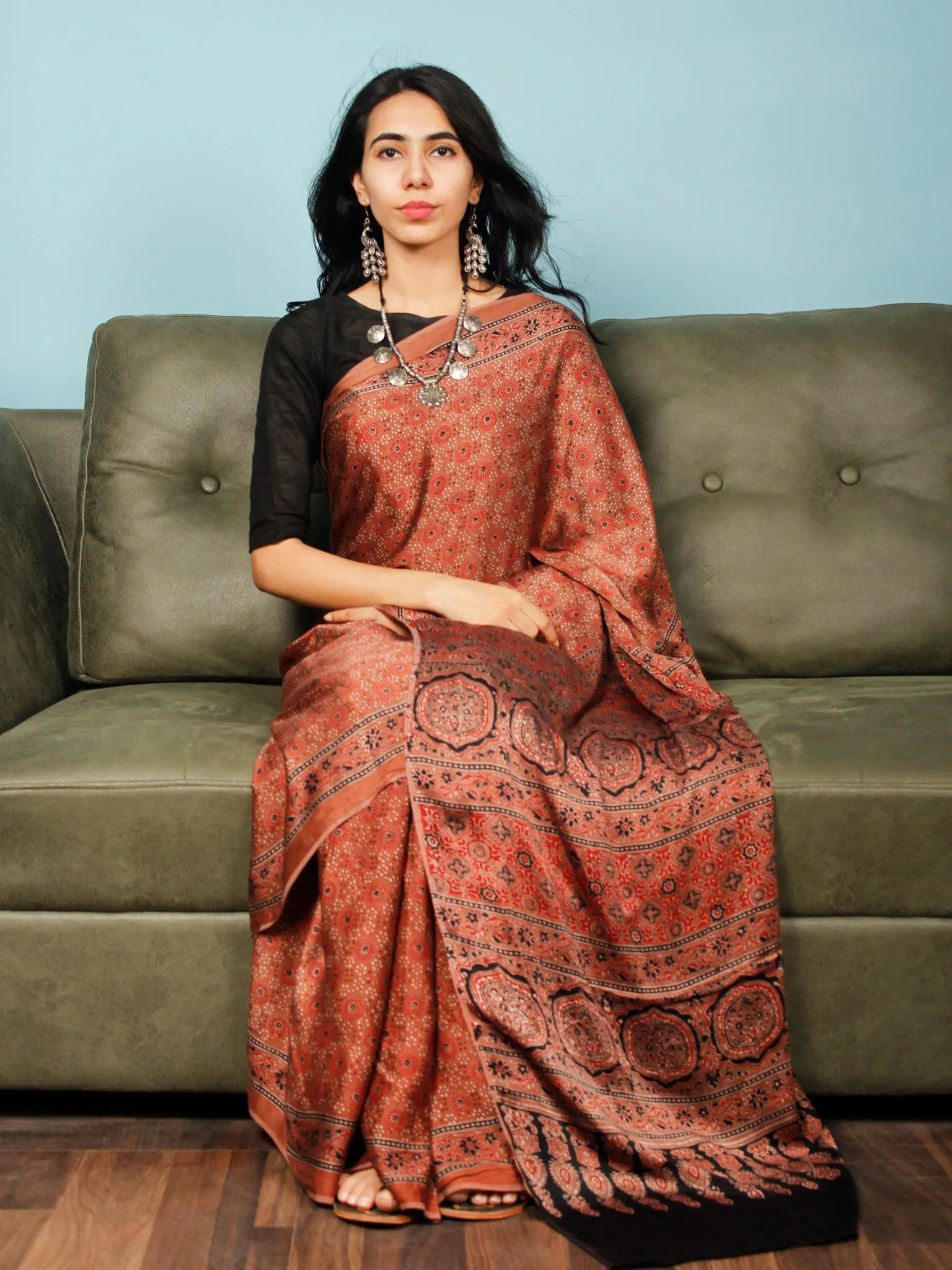 Rust Indigo Black Ajrakh Hand Block Printed Modal Silk Saree in Natural Colors - S031703367