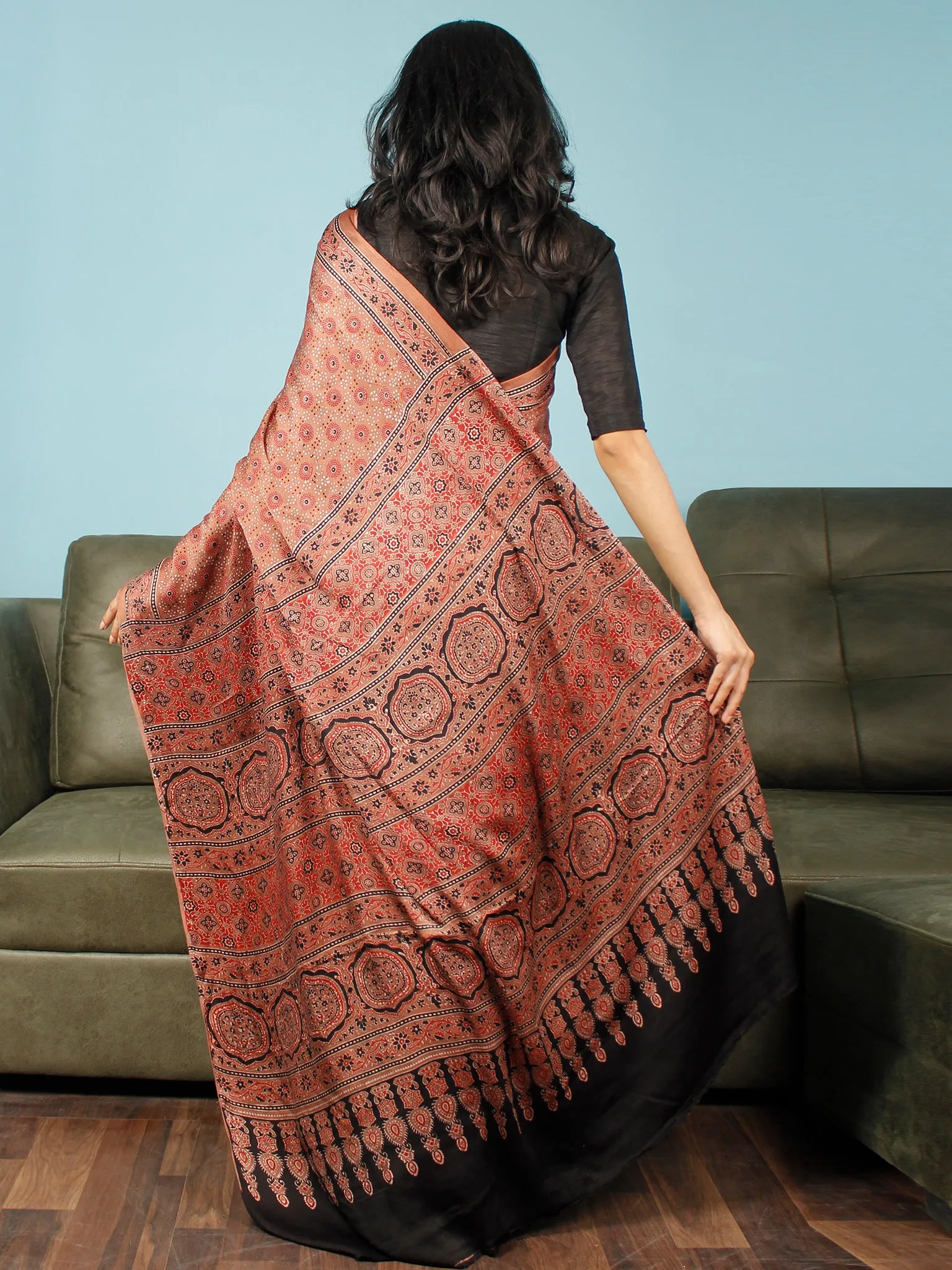 Rust Indigo Black Ajrakh Hand Block Printed Modal Silk Saree in Natural Colors - S031703367