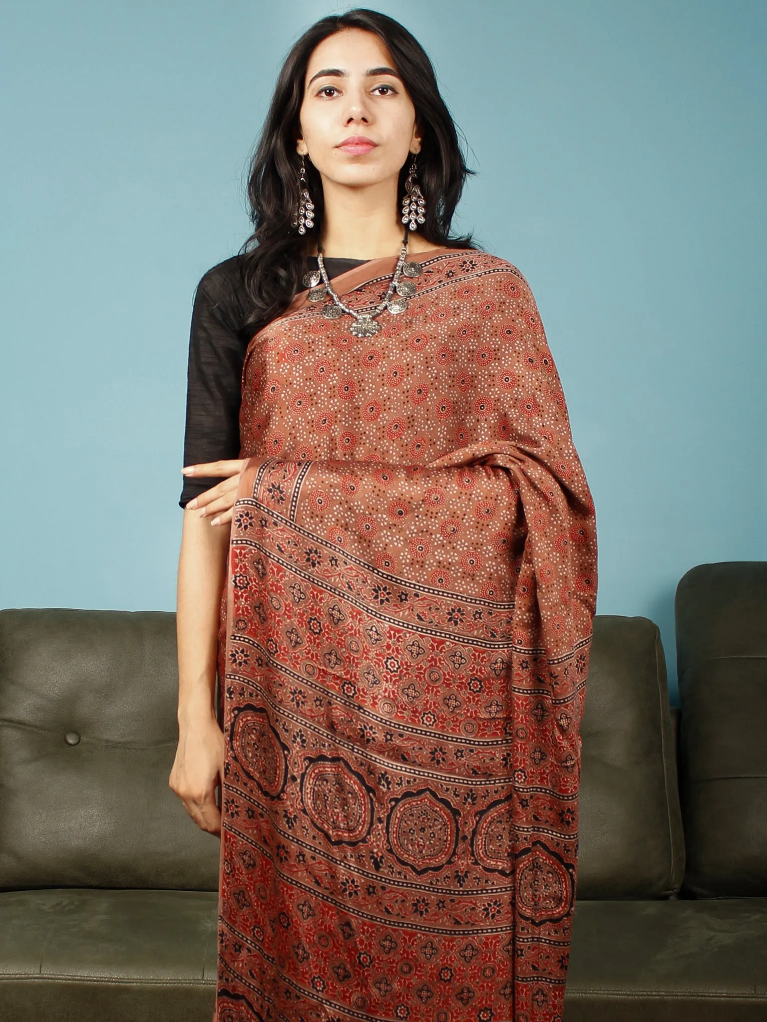 Rust Indigo Black Ajrakh Hand Block Printed Modal Silk Saree in Natural Colors - S031703367