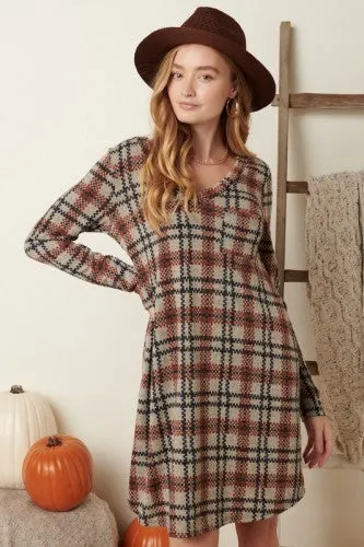 Rust Plaid V Neck Shift Dress