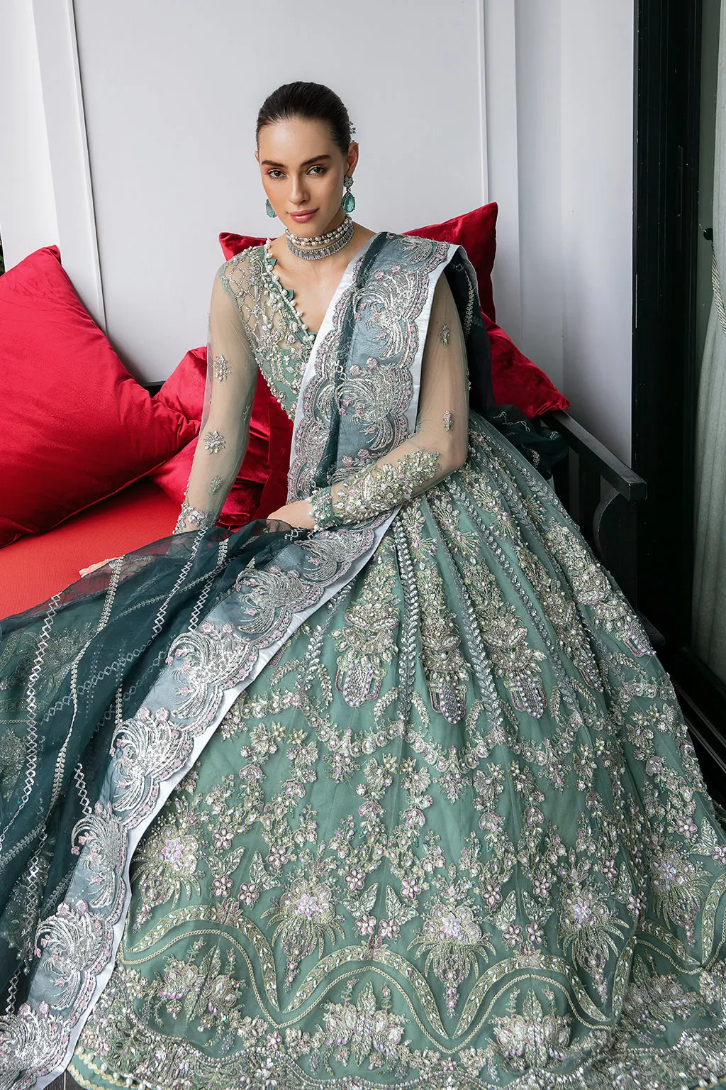 Sea Green Embroidered Pakistani Wedding Dress in Kalidar Pishwas Style