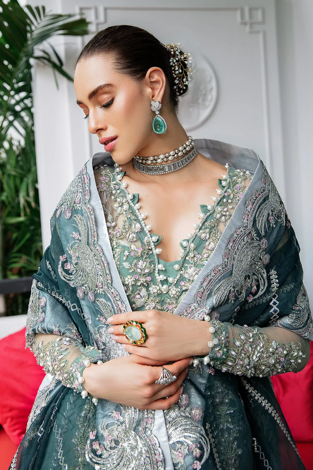 Sea Green Embroidered Pakistani Wedding Dress in Kalidar Pishwas Style