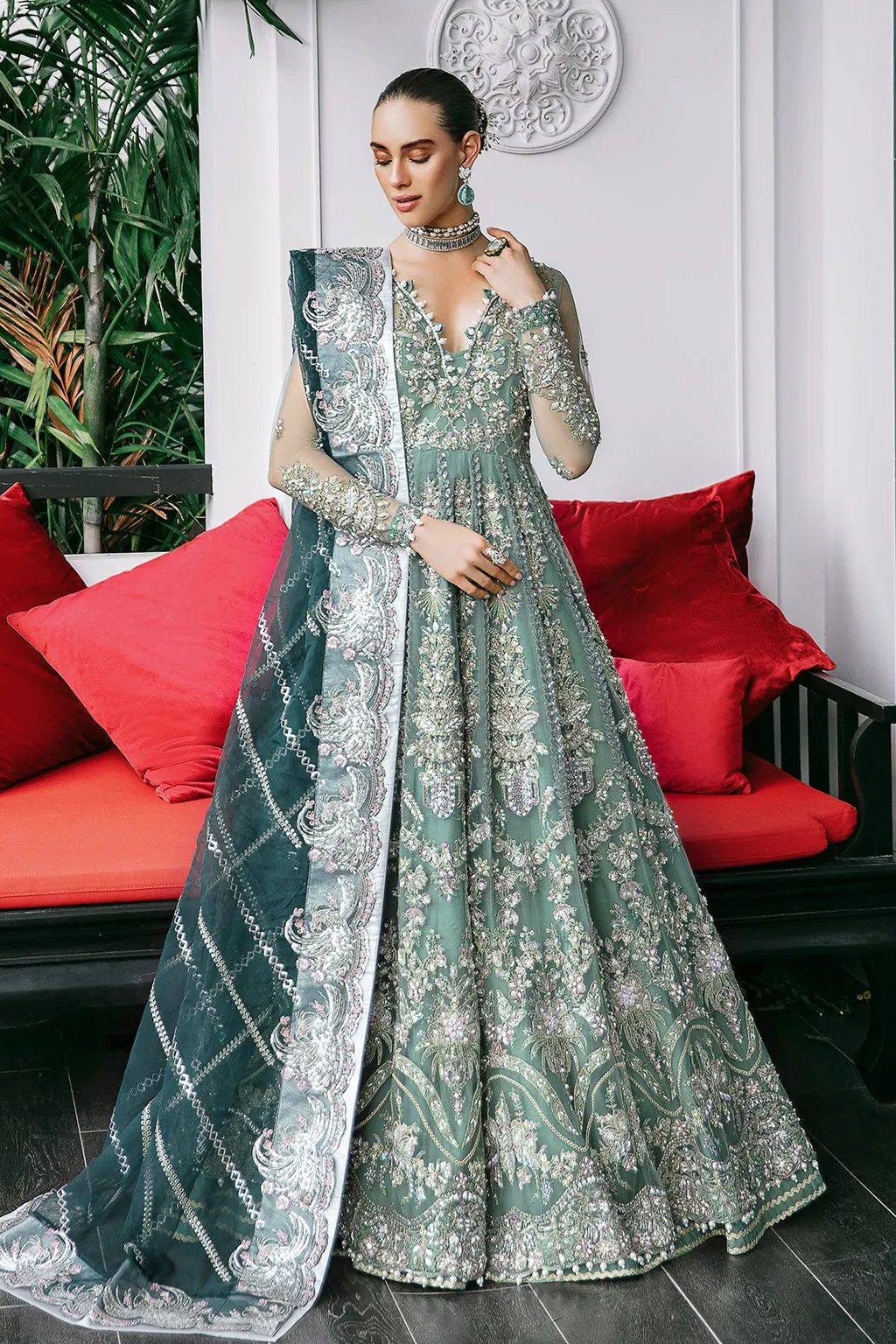 Sea Green Embroidered Pakistani Wedding Dress in Kalidar Pishwas Style