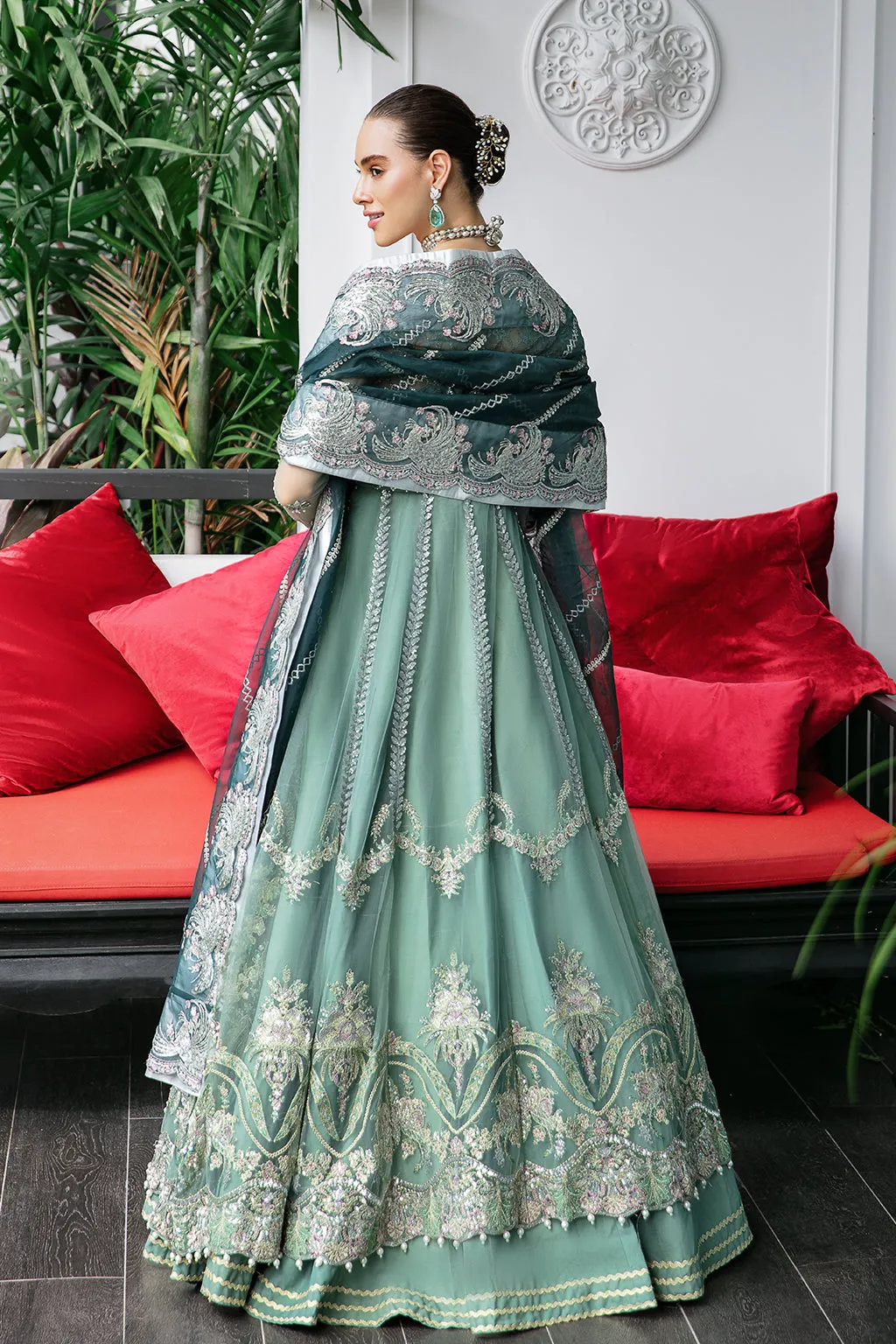 Sea Green Embroidered Pakistani Wedding Dress in Kalidar Pishwas Style