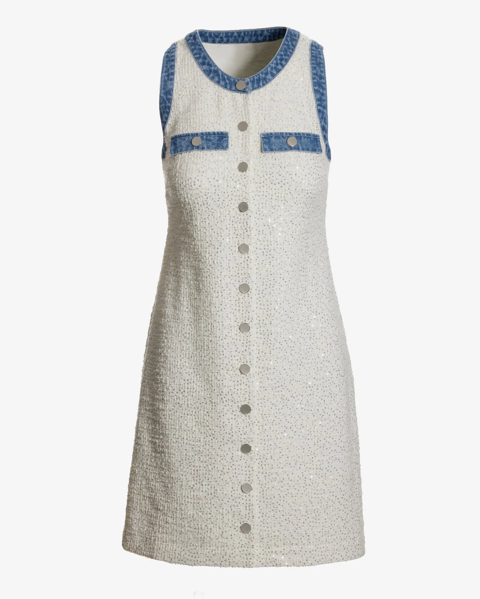 Shimmer Tweed Denim Trim Shift Dress Off White