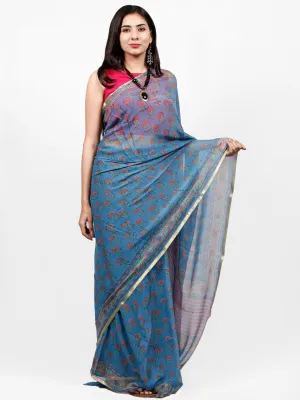 Sky Blue Coral Green Hand Block Printed Chiffon Saree with Zari Border - S031703237