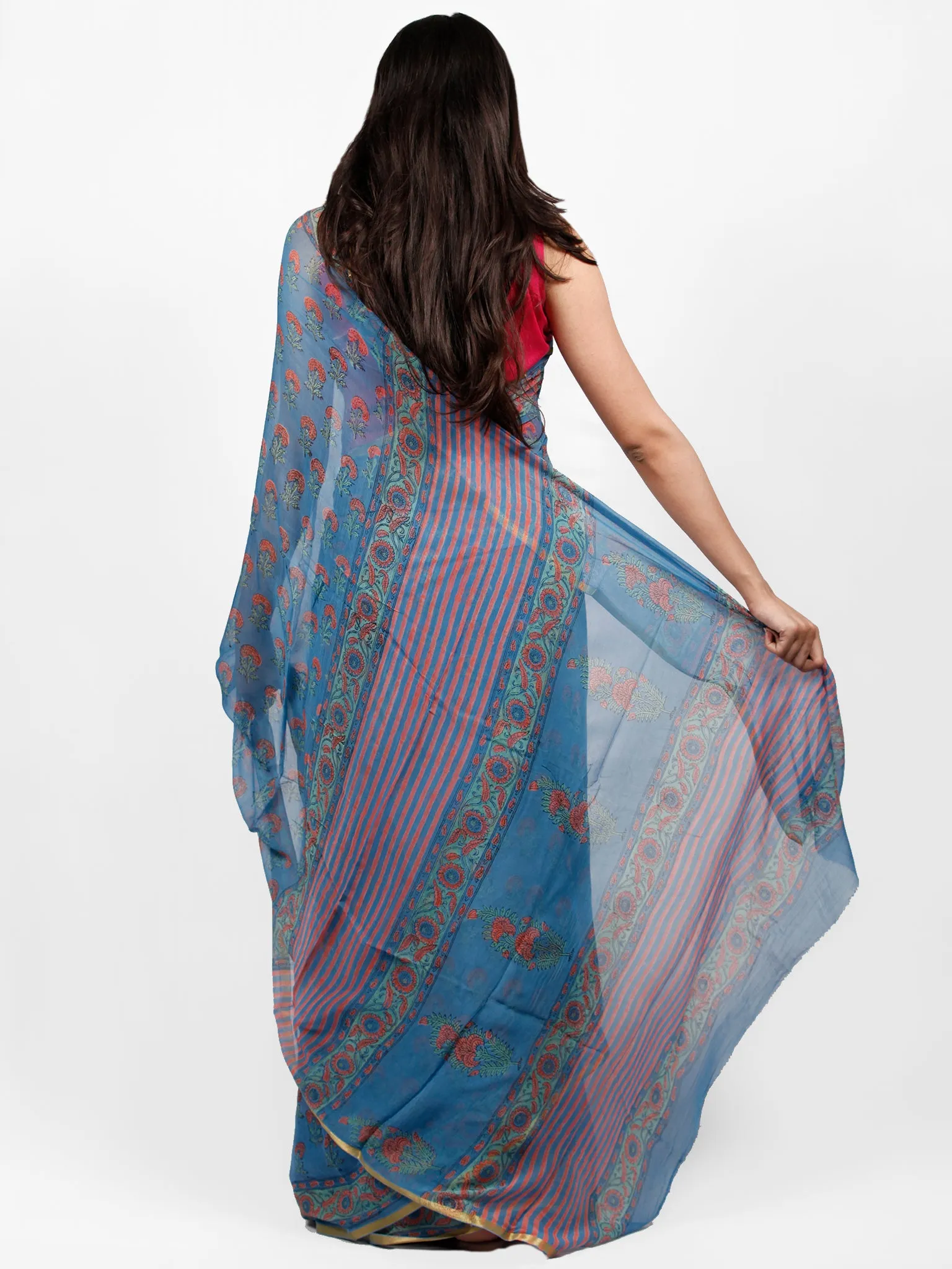 Sky Blue Coral Green Hand Block Printed Chiffon Saree with Zari Border - S031703237