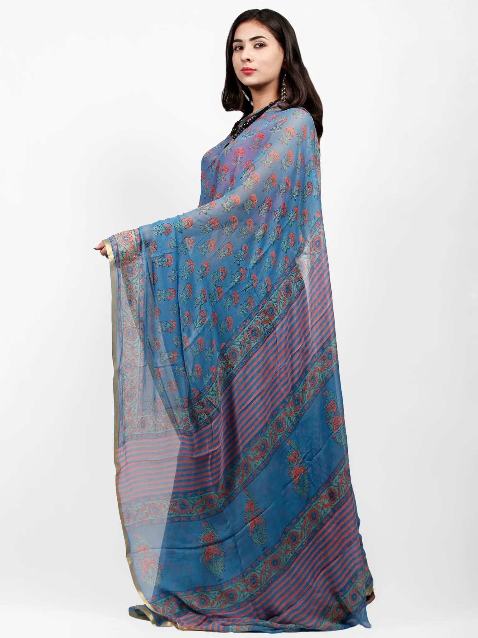 Sky Blue Coral Green Hand Block Printed Chiffon Saree with Zari Border - S031703237