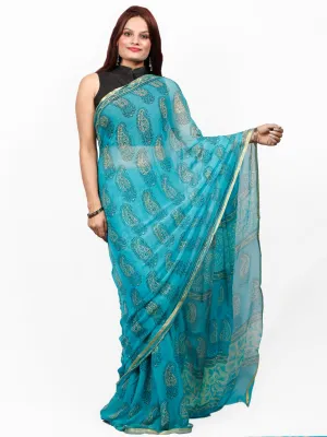Sky Blue Light Yellow Black Hand Block Printed Chiffon Saree with Zari Border - S031703413