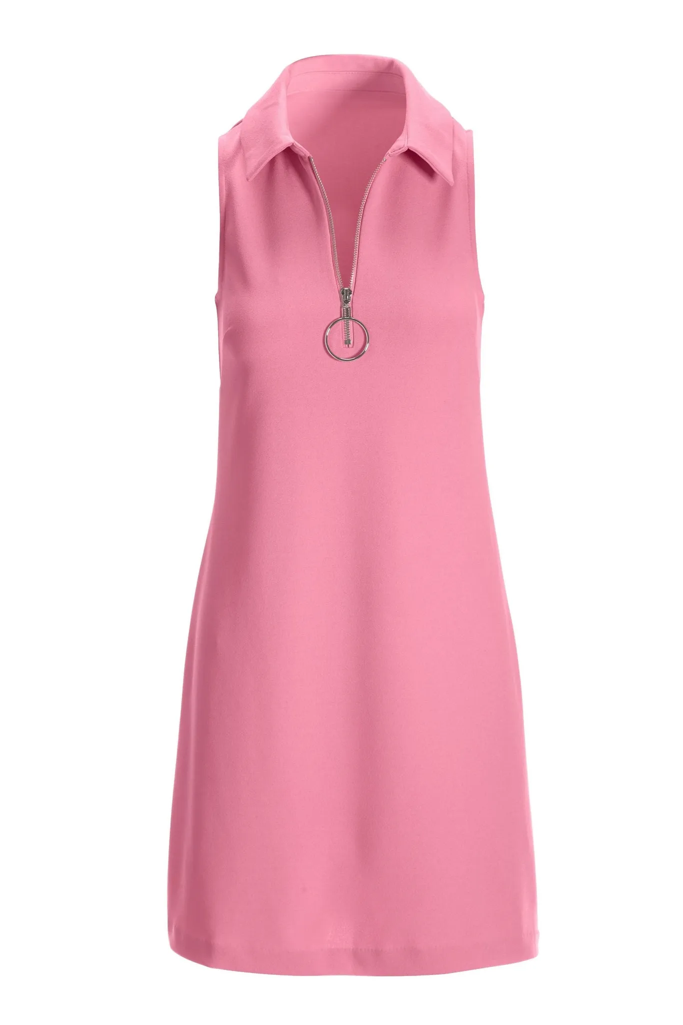 Solid Zippered Front Sleeveless Collared Dress Sachet Pink