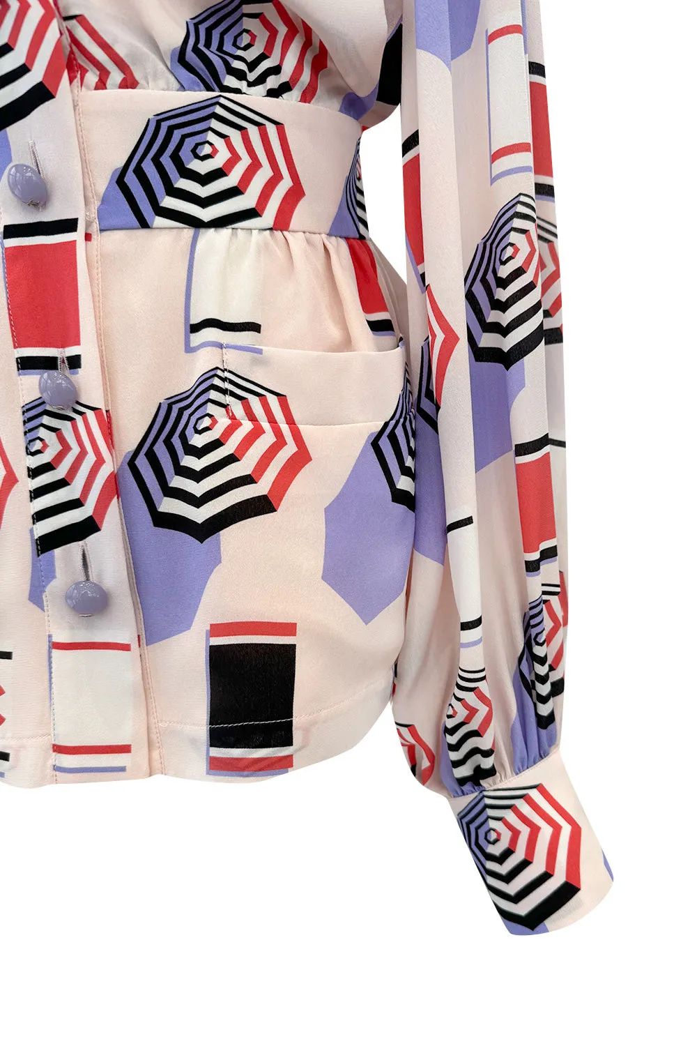 Spring 2019 Chanel by Karl Lagerfeld Runway Look 34 Blush Pink Silk Top w Parasol Print