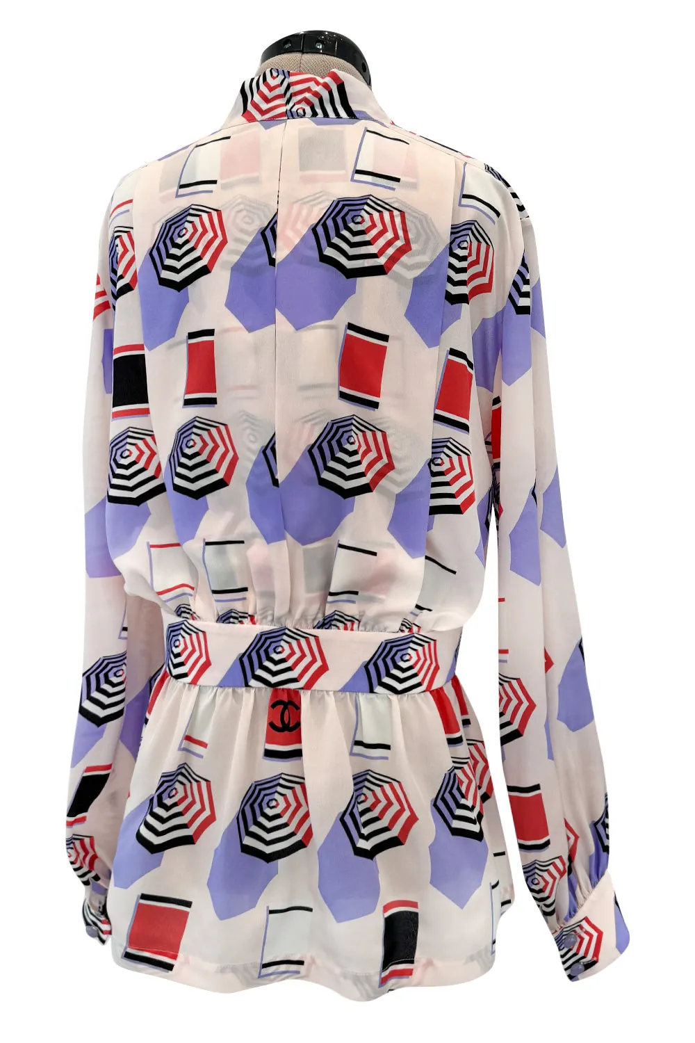 Spring 2019 Chanel by Karl Lagerfeld Runway Look 34 Blush Pink Silk Top w Parasol Print