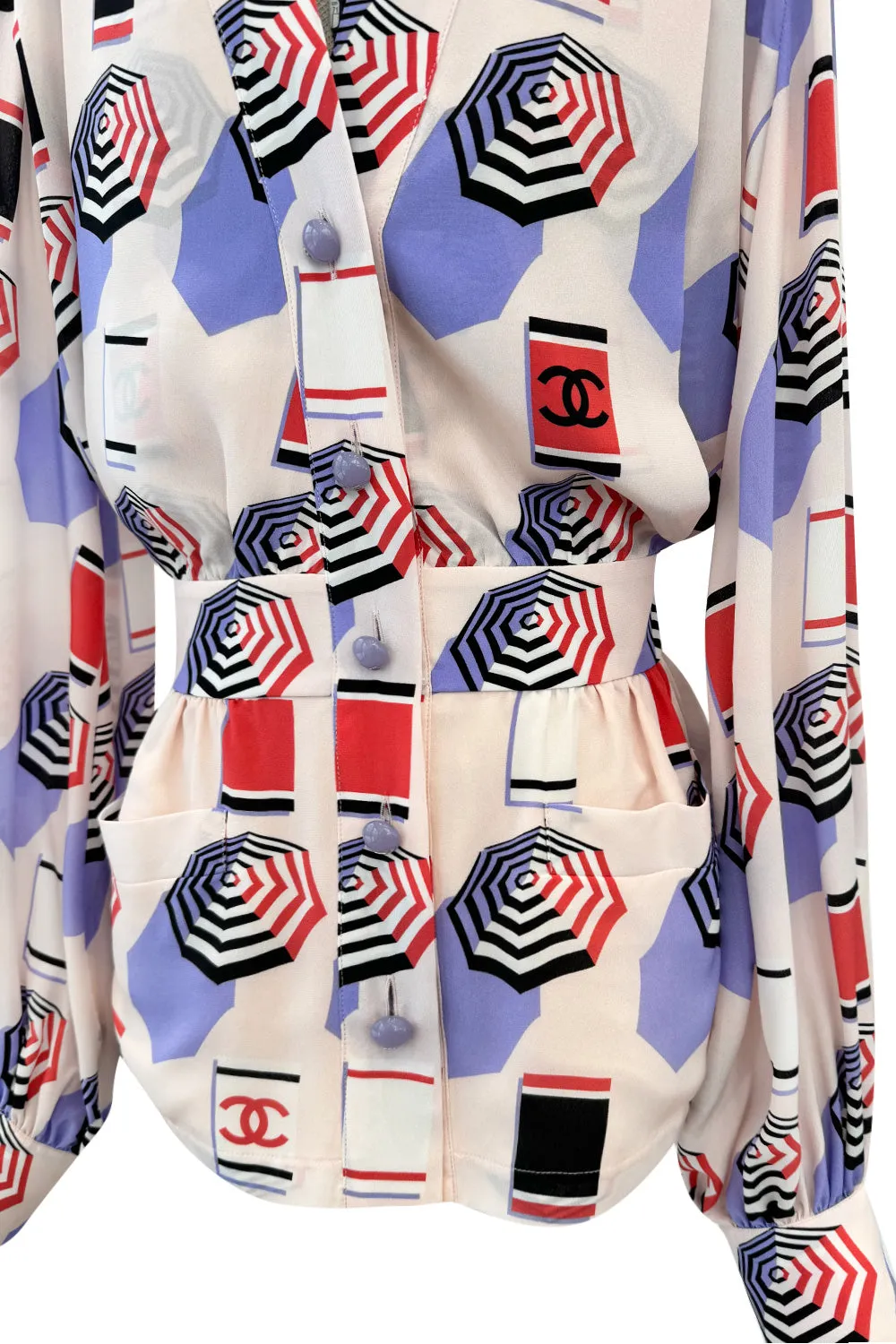 Spring 2019 Chanel by Karl Lagerfeld Runway Look 34 Blush Pink Silk Top w Parasol Print