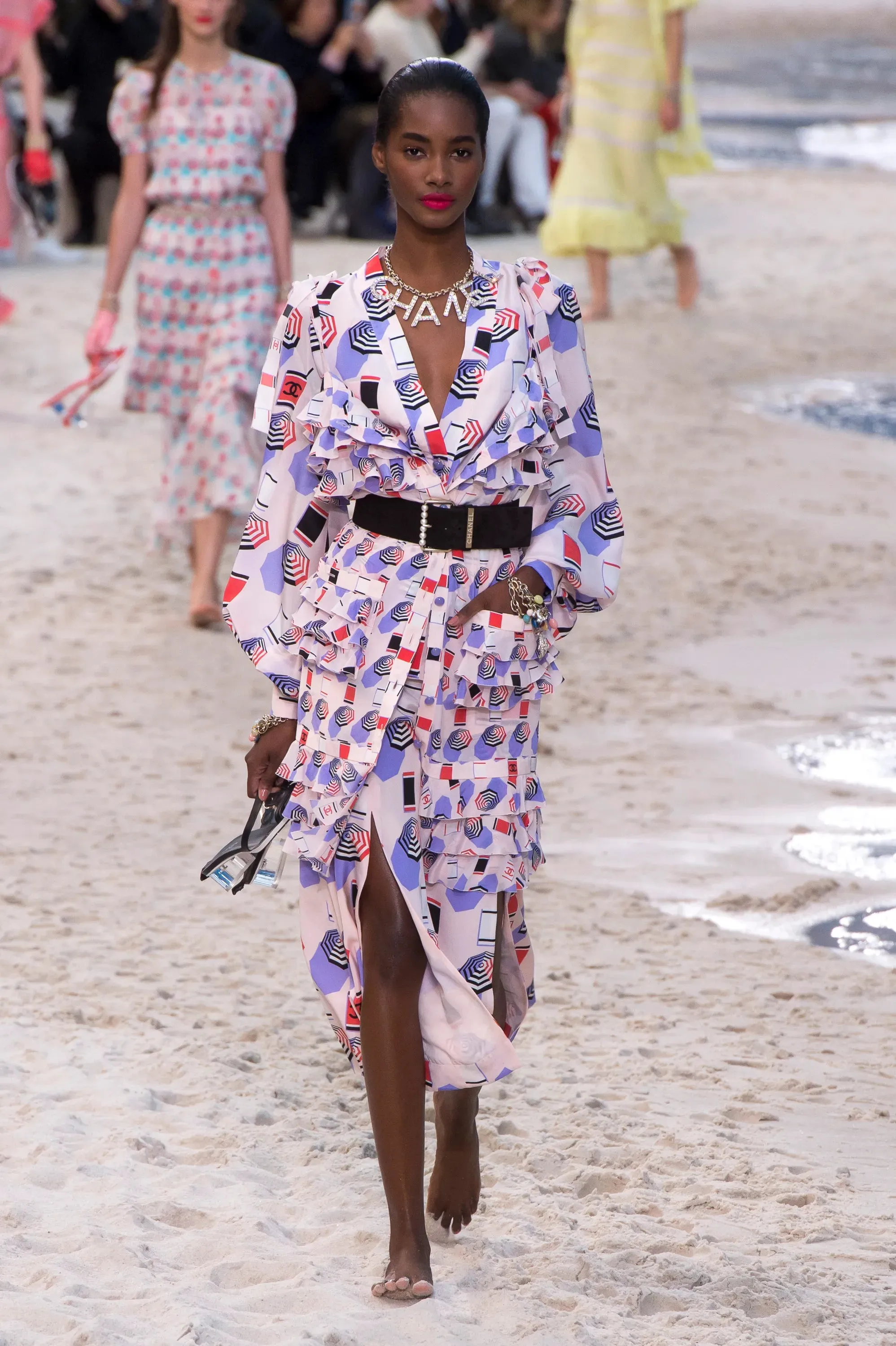 Spring 2019 Chanel by Karl Lagerfeld Runway Look 34 Blush Pink Silk Top w Parasol Print