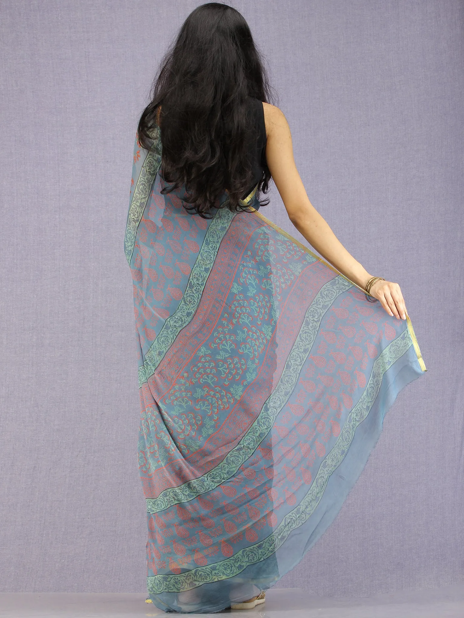 Steel Blue Red Green Hand Block Printed Chiffon Saree with Zari Border - S031704595