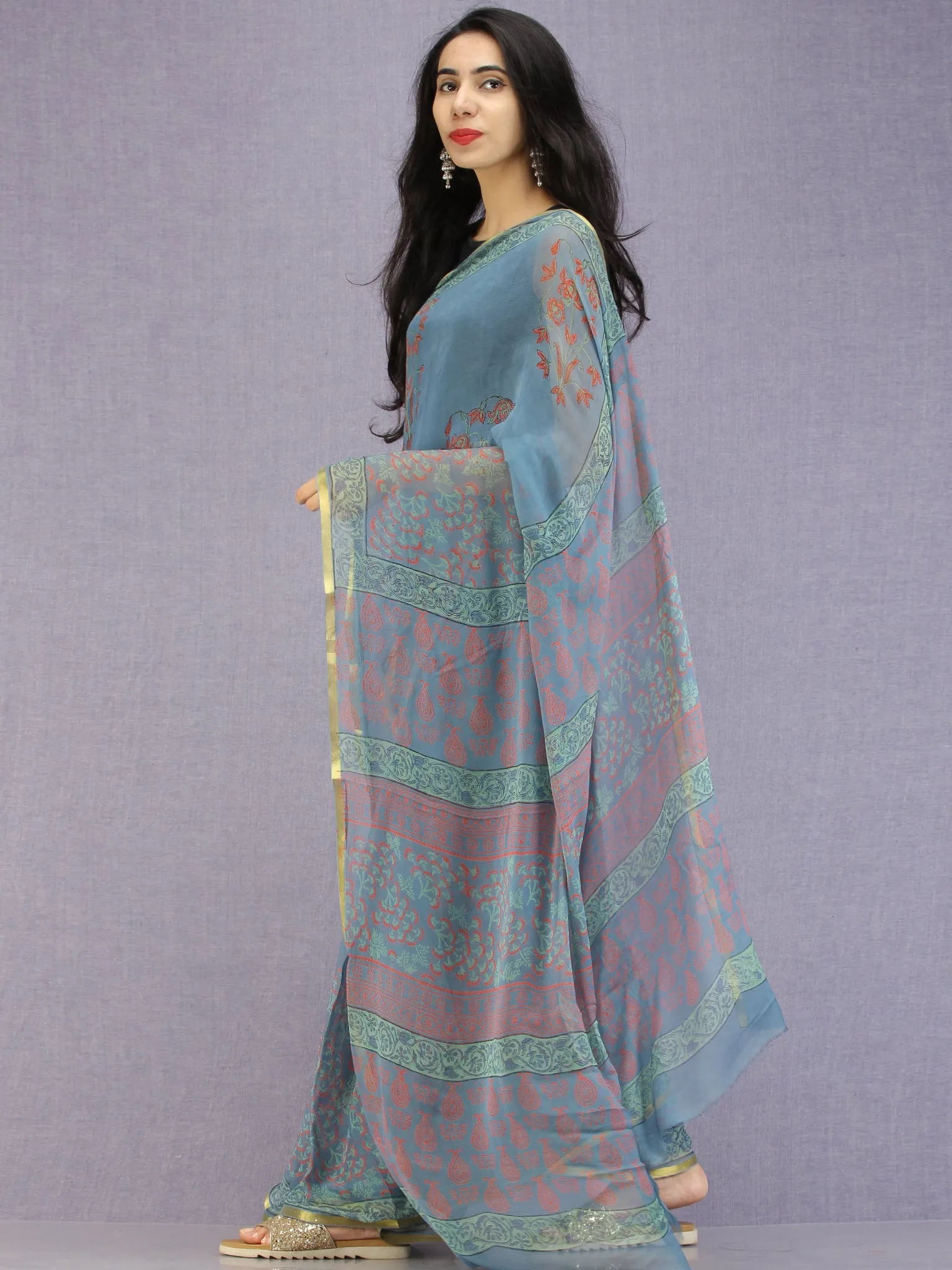 Steel Blue Red Green Hand Block Printed Chiffon Saree with Zari Border - S031704595