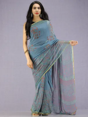Steel Blue Red Green Hand Block Printed Chiffon Saree with Zari Border - S031704595