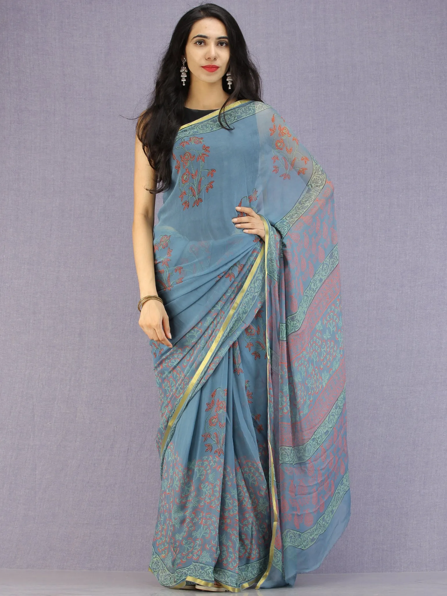Steel Blue Red Green Hand Block Printed Chiffon Saree with Zari Border - S031704595