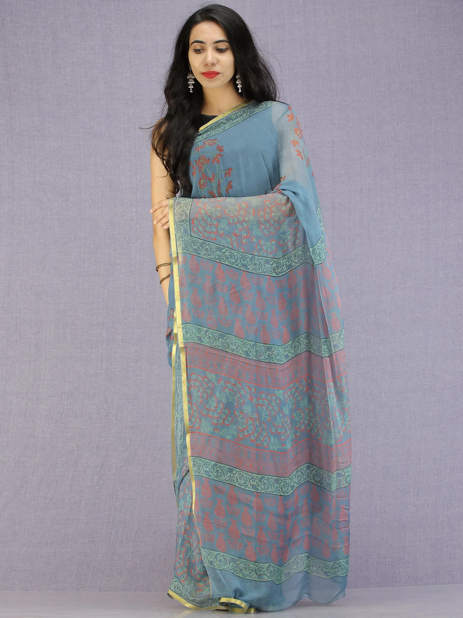 Steel Blue Red Green Hand Block Printed Chiffon Saree with Zari Border - S031704595