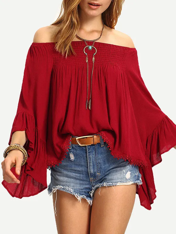 Strapless Strap Collar Solid Chiffon Ruffle Sleeve T-Shirt
