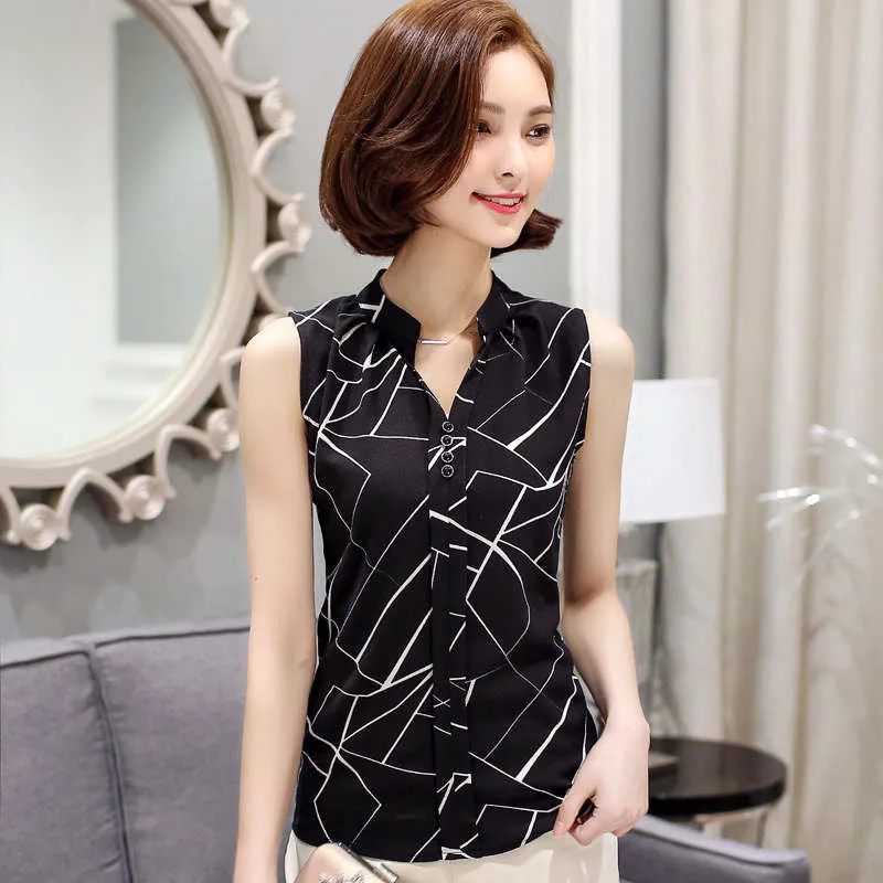 Summer Chiffon Blouse shirt Women Printed Sleeveless White top Blouses Shirts Female Office tops #A806