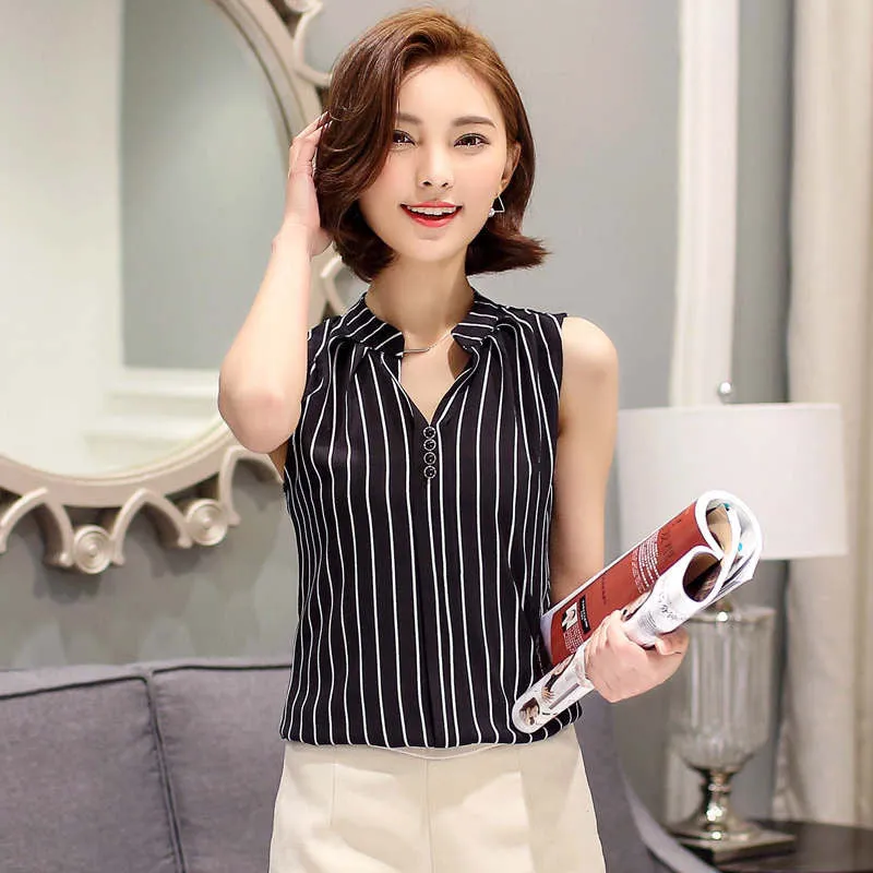 Summer Chiffon Blouse shirt Women Printed Sleeveless White top Blouses Shirts Female Office tops #A806