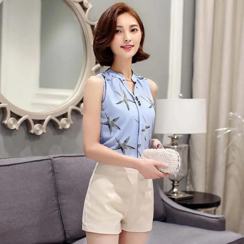 Summer Chiffon Blouse shirt Women Printed Sleeveless White top Blouses Shirts Female Office tops #A806
