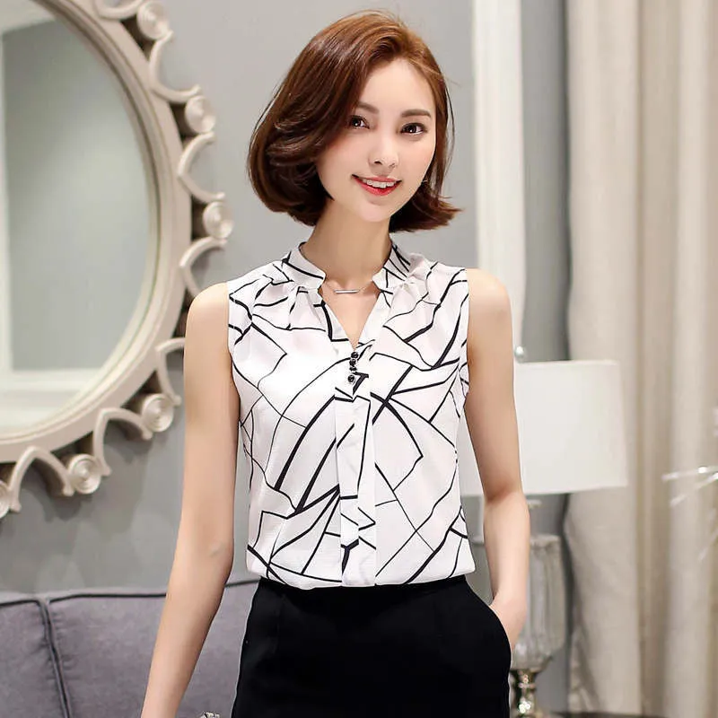 Summer Chiffon Blouse shirt Women Printed Sleeveless White top Blouses Shirts Female Office tops #A806