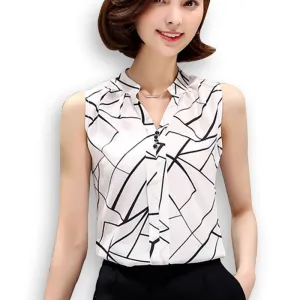 Summer Chiffon Blouse shirt Women Printed Sleeveless White top Blouses Shirts Female Office tops #A806
