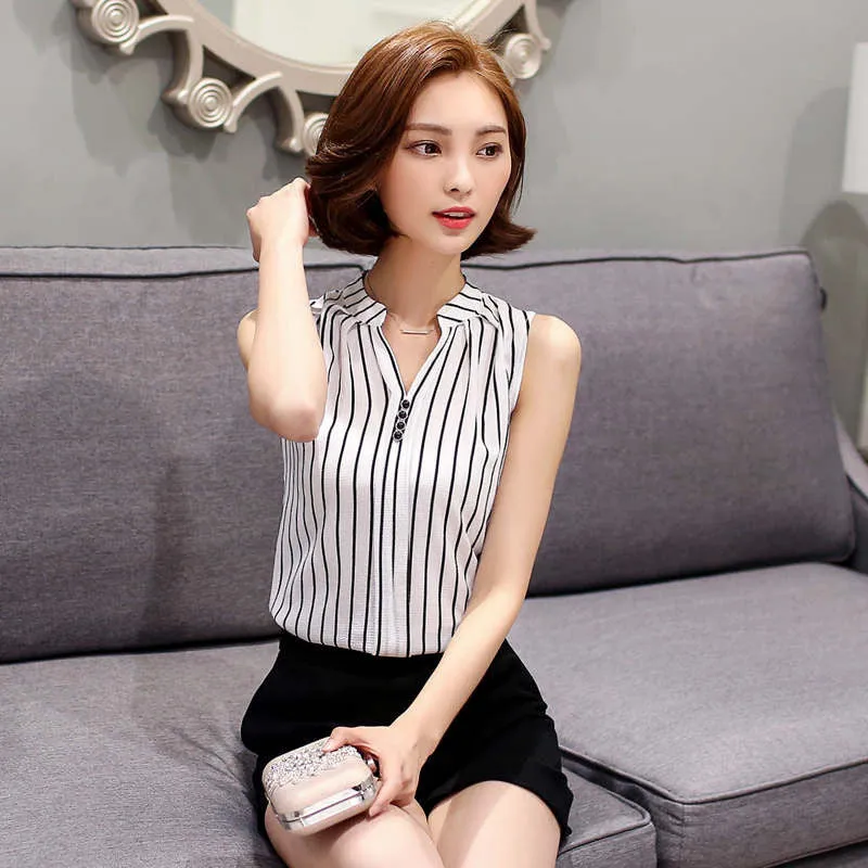 Summer Chiffon Blouse shirt Women Printed Sleeveless White top Blouses Shirts Female Office tops #A806