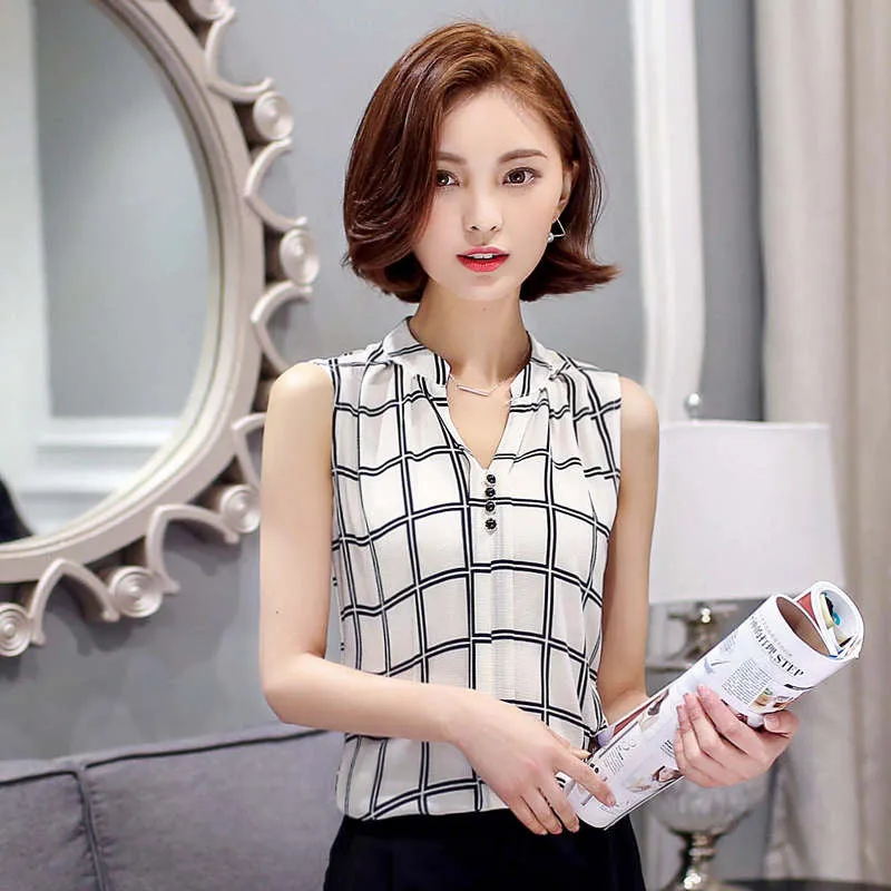 Summer Chiffon Blouse shirt Women Printed Sleeveless White top Blouses Shirts Female Office tops #A806