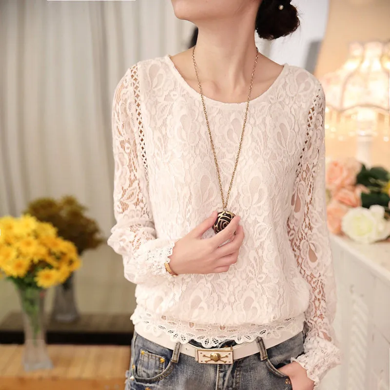 Summer Ladies White Blusas Women's Long Sleeve Chiffon Lace Crochet Tops Blouses Women Clothing Feminine Blouse 51C