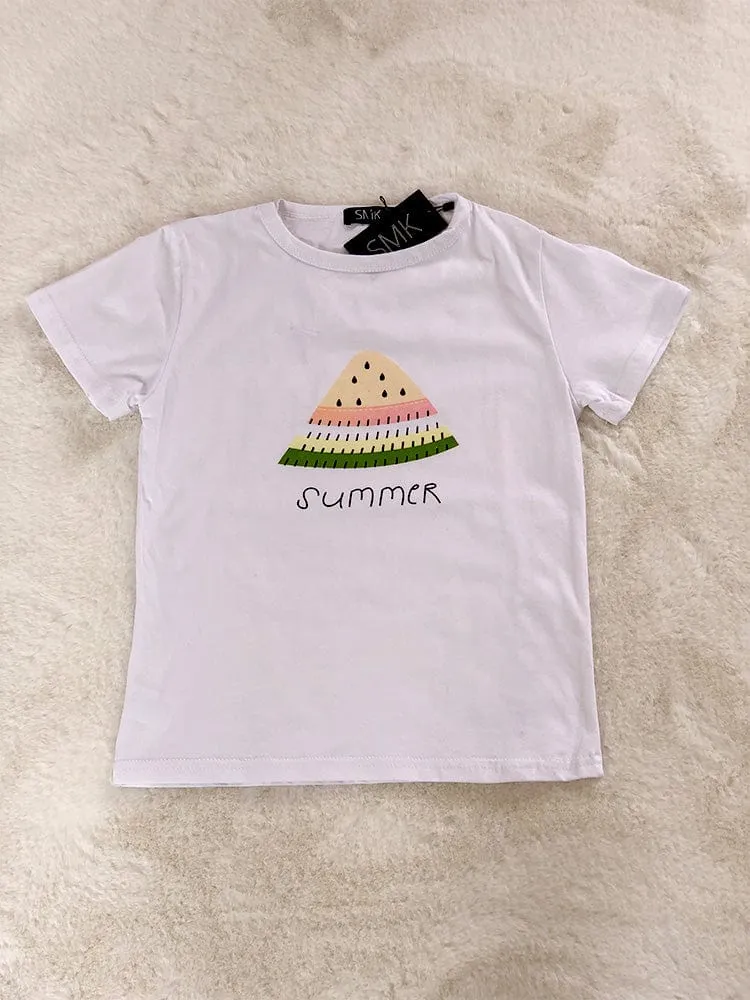 Summer Watermelon - Girls 2 Piece White & Pale Pink T-Shirt Top & Tulle Tutu Skirt Outfit - 1 to 5 Years