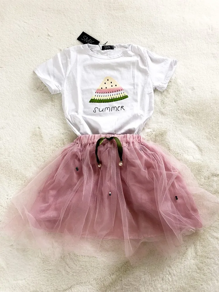 Summer Watermelon - Girls 2 Piece White & Pale Pink T-Shirt Top & Tulle Tutu Skirt Outfit - 1 to 5 Years