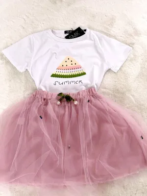 Summer Watermelon - Girls 2 Piece White & Pale Pink T-Shirt Top & Tulle Tutu Skirt Outfit - 1 to 5 Years
