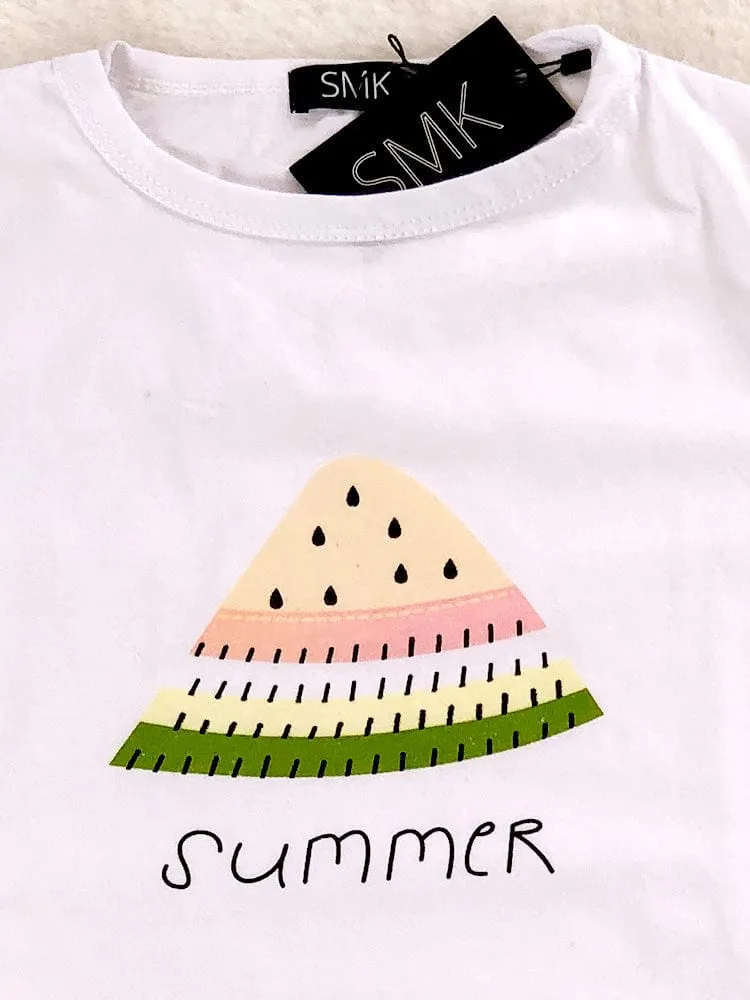 Summer Watermelon - Girls 2 Piece White & Pale Pink T-Shirt Top & Tulle Tutu Skirt Outfit - 1 to 5 Years