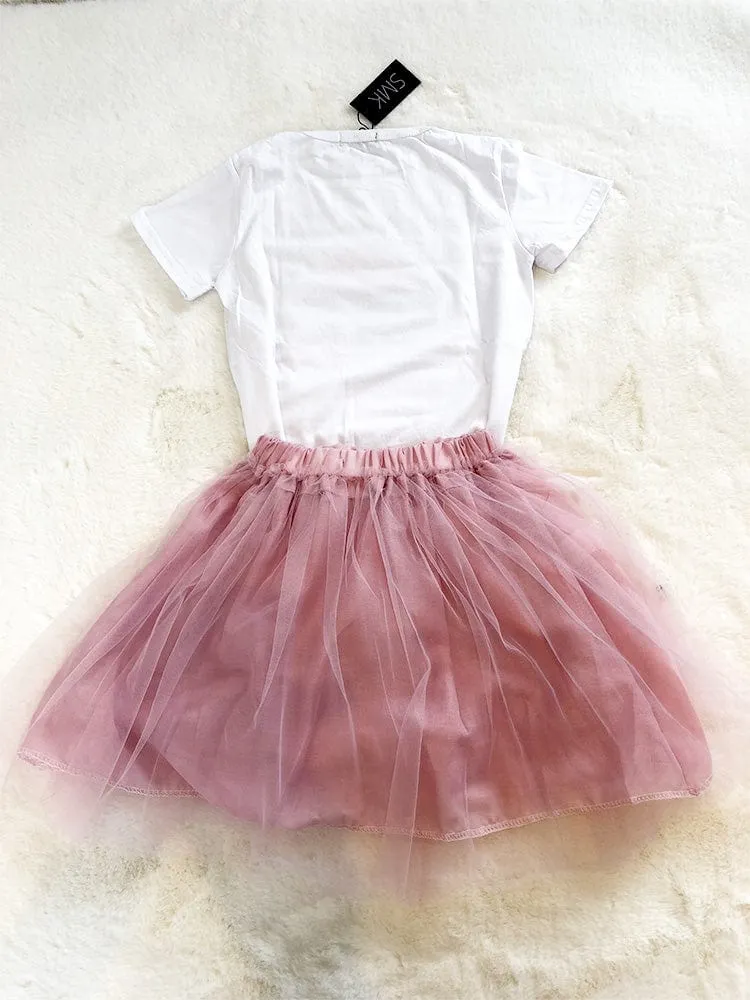 Summer Watermelon - Girls 2 Piece White & Pale Pink T-Shirt Top & Tulle Tutu Skirt Outfit - 1 to 5 Years