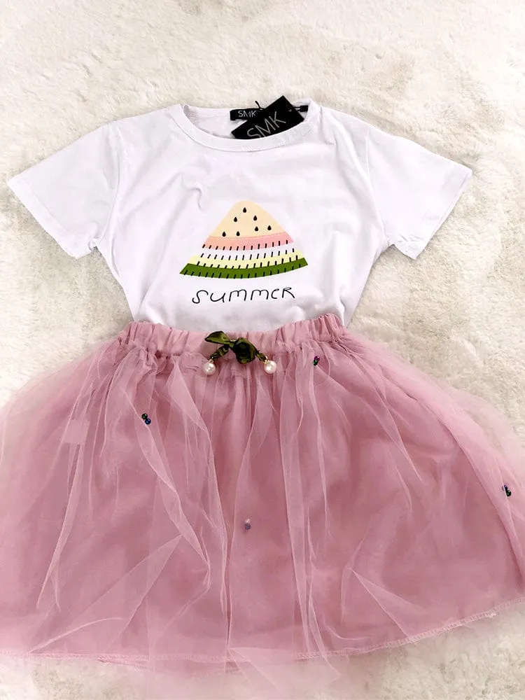 Summer Watermelon - Girls 2 Piece White & Pale Pink T-Shirt Top & Tulle Tutu Skirt Outfit - 1 to 5 Years