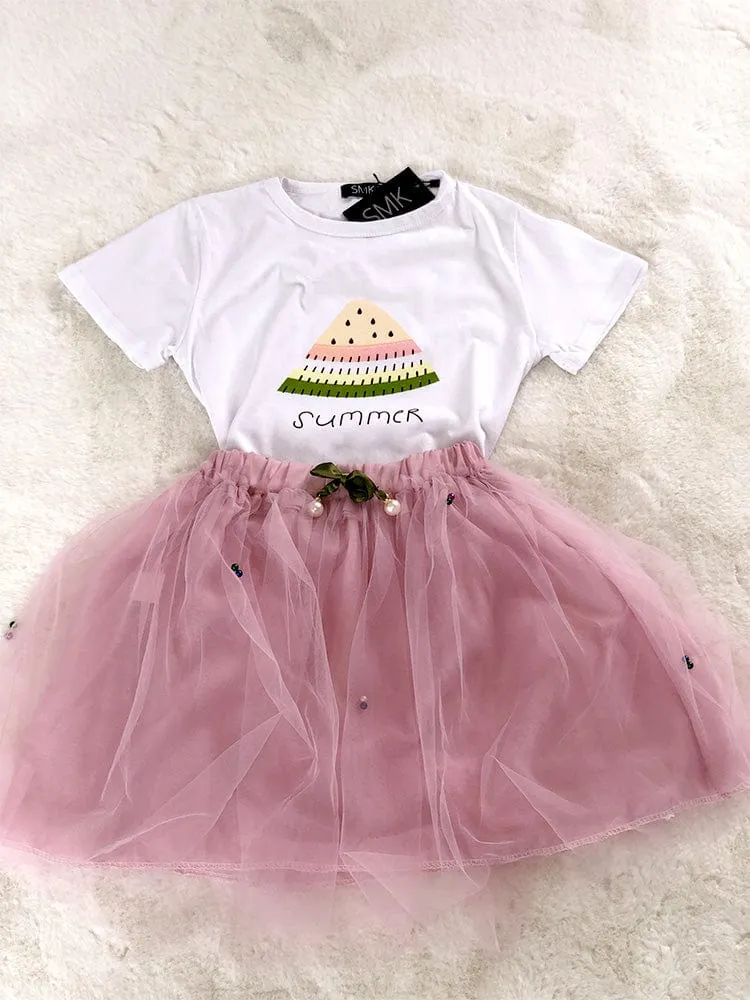 Summer Watermelon - Girls 2 Piece White & Pale Pink T-Shirt Top & Tulle Tutu Skirt Outfit - 1 to 5 Years