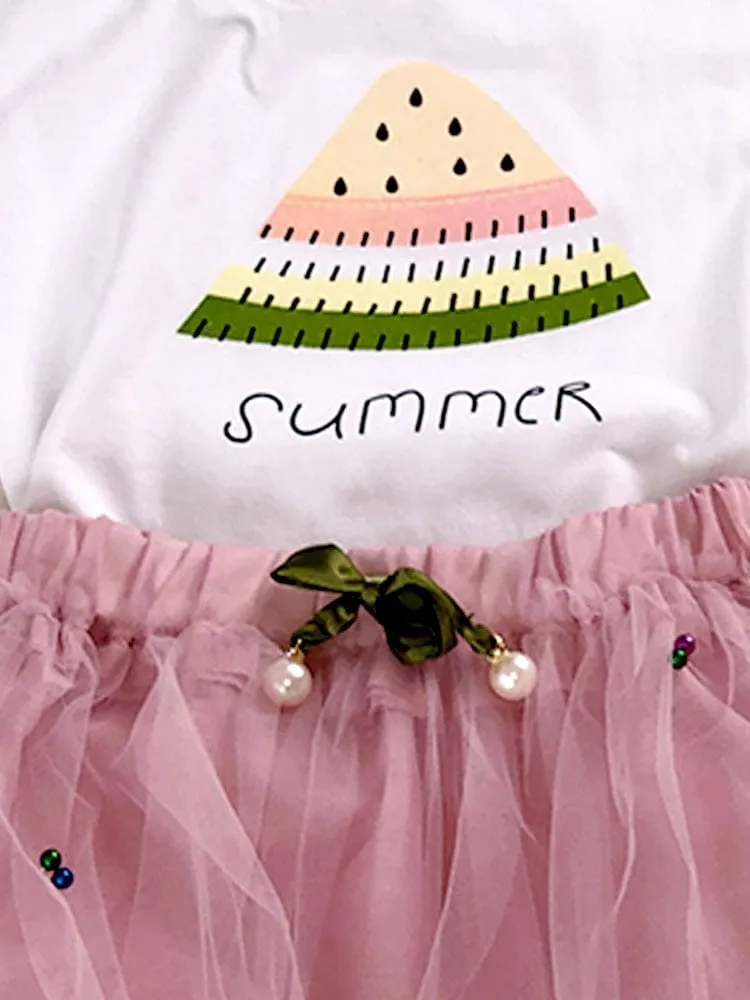 Summer Watermelon - Girls 2 Piece White & Pale Pink T-Shirt Top & Tulle Tutu Skirt Outfit - 1 to 5 Years