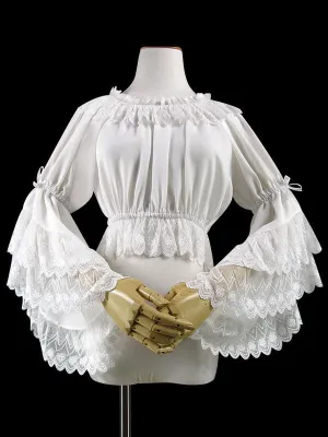 Sweet Lolita Blouse Lace Ruffle Bow Hime Sleeve Chiffon Black Lolita Crop Top