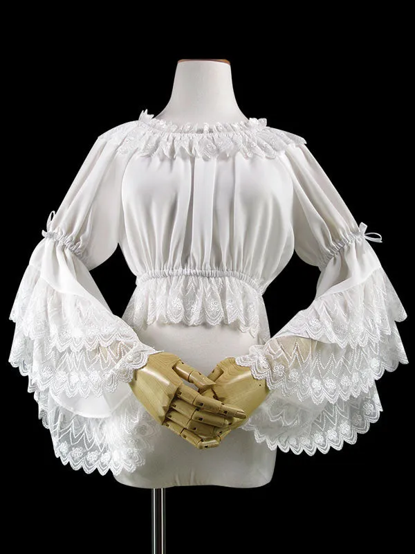 Sweet Lolita Blouse Lace Ruffle Bow Hime Sleeve Chiffon Black Lolita Crop Top