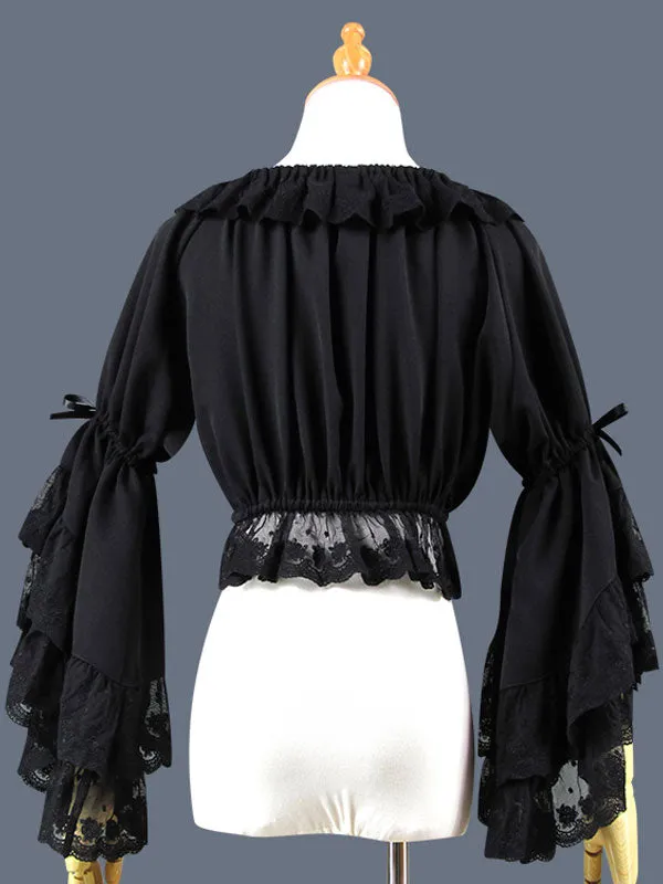 Sweet Lolita Blouse Lace Ruffle Bow Hime Sleeve Chiffon Black Lolita Crop Top
