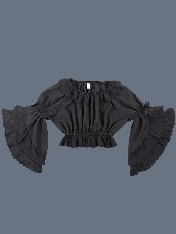 Sweet Lolita Blouse Lace Ruffle Bow Hime Sleeve Chiffon Black Lolita Crop Top
