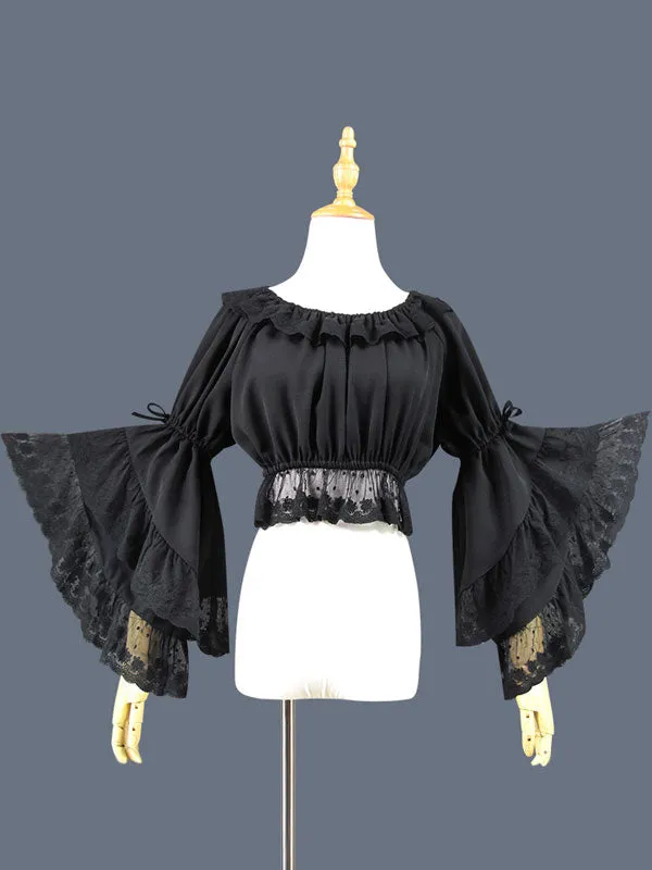 Sweet Lolita Blouse Lace Ruffle Bow Hime Sleeve Chiffon Black Lolita Crop Top